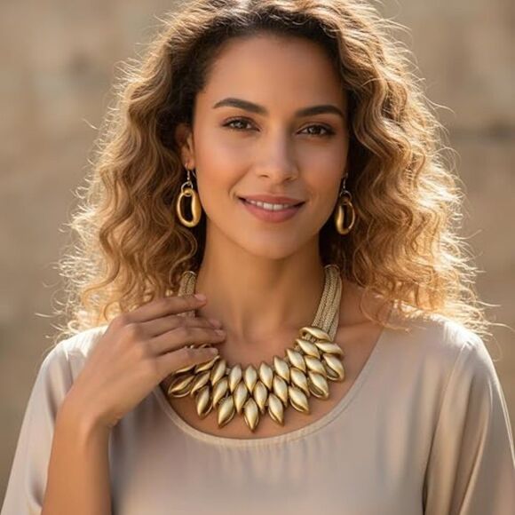 Statement Necklace Set Gold Leaf Design with Mesh Chain and Matching Earrings - Picture 4 of 4